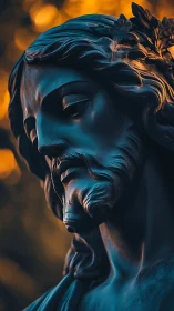 Bronze-toned close view of a bearded male statue profile.