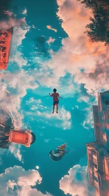 Surreal city sky pool with floating child and drifting cars.