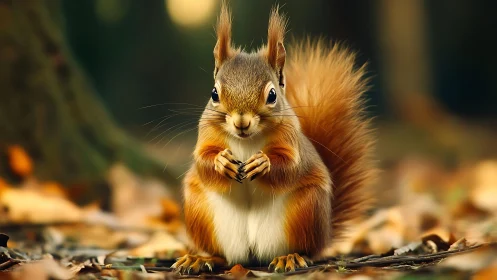 Photorealistic red squirrel in shallow-depth autumn forest frame.