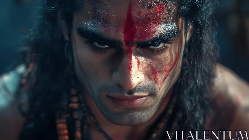 Close frontal view shows painted face with intense gaze