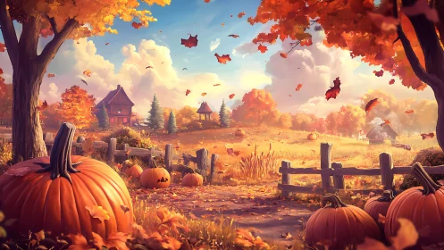 Autumn agrarian landscape with pumpkins under dynamic skylight.