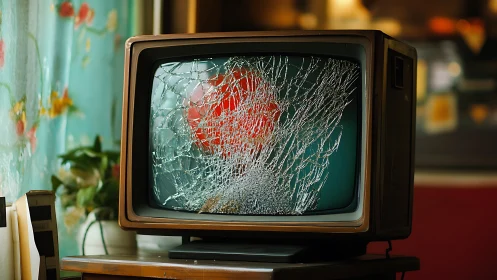 Broken retro television with shattered screen in living room