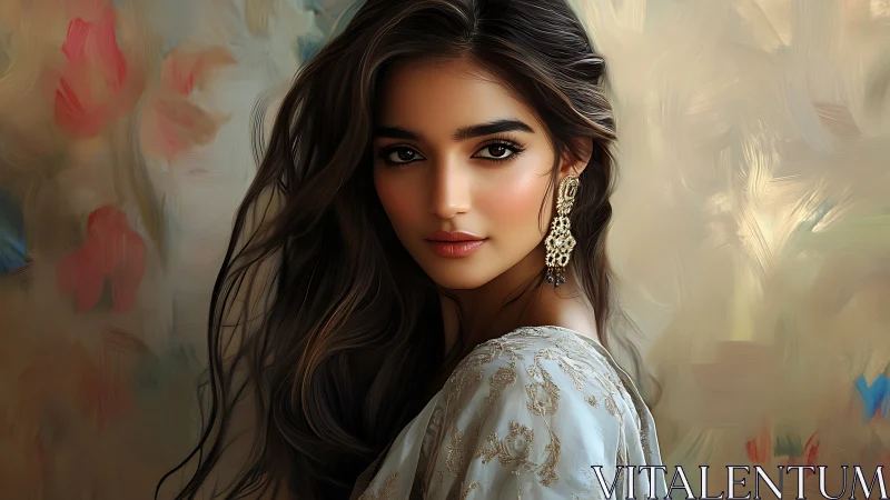 Soft-eyed muse in golden earrings against painterly dusk.