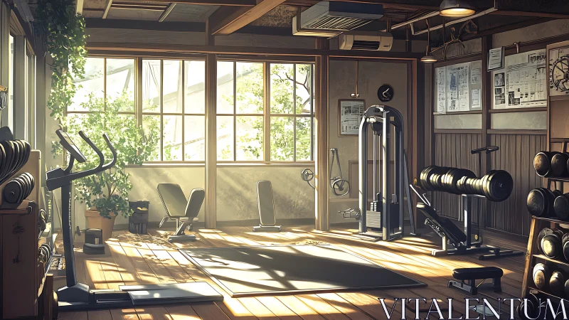 Sunlit loft gym sanctuary where iron and ivy quietly meet.