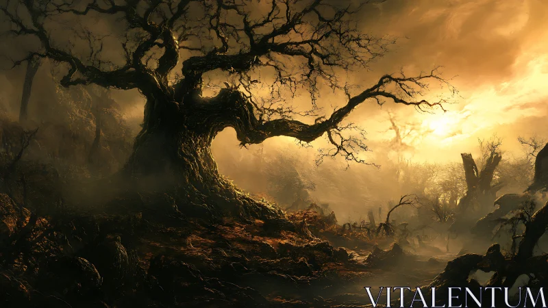 Ancient twisted tree welcomes dawn over a misty haunted bog