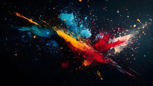 Vibrant paint splashes in dynamic abstract style on dark background.