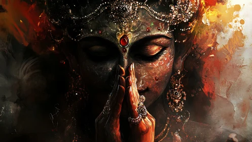 Divine jeweled visage in prayerful pose, bathed in firelight.