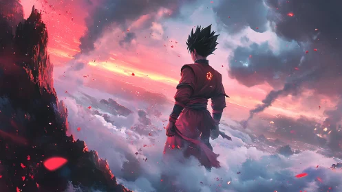 Warrior silhouette over storm clouds in crimson light.