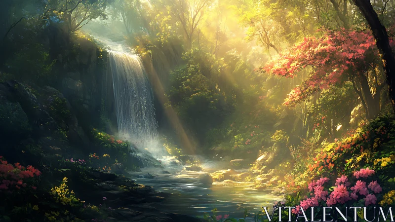 Sunlit forest waterfall renders volumetric light and dense flora