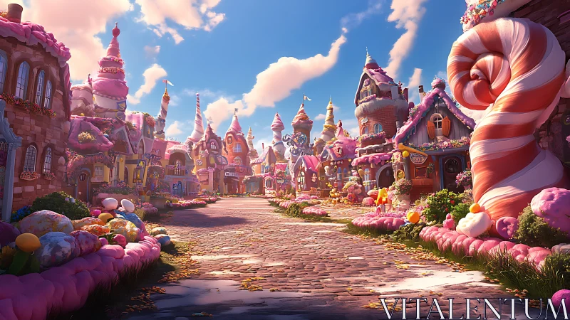 Candy kingdom cityscape rendered in vibrant 3D fantasy architecture.