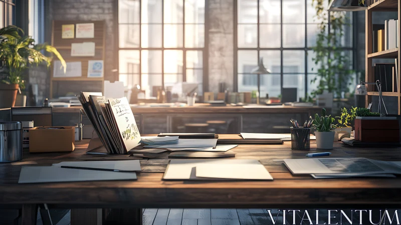 Modern Creative Workspace Bathed Golden Hour Light.