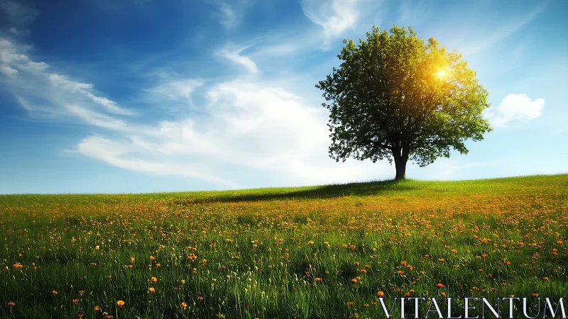 Solitary deciduous tree on sunlit wildflower meadow hillside