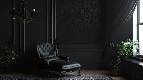 Dark monochrome lounge interior with baroque chaise focus.