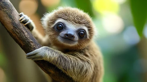 High-resolution close-up of juvenile sloth on arboreal support.