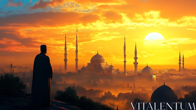 Sunset contemplations over misty domes and minarets skyline.