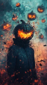 Pumpkin-headed figure with floating jack-o-lanterns at dusk.