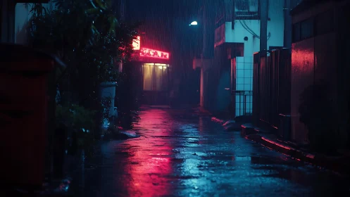 Rain-soaked alleyway rendered in neon cyan and magenta light