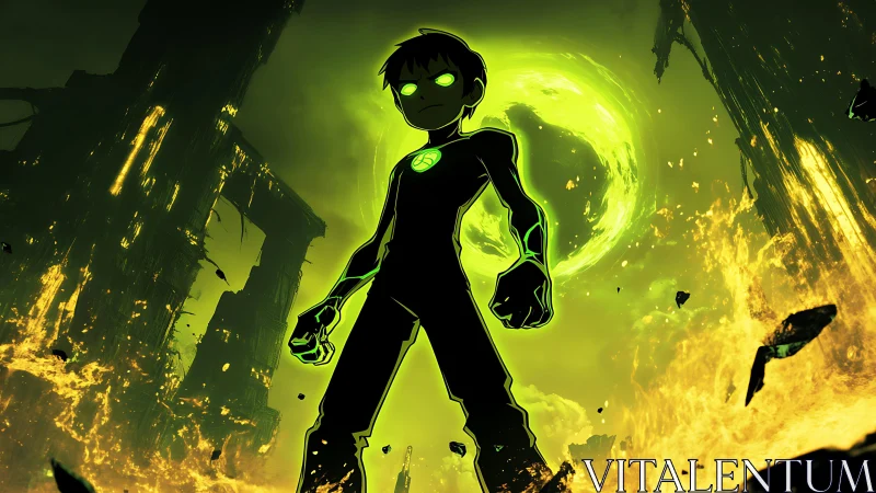 Silhouetted figure with green aura in collapsing wasteland.