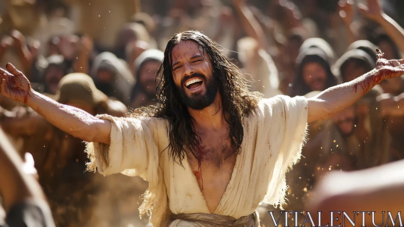 Joy-struck prophet welcomes the crowd in desert sunlight.