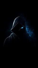 Hooded digital specter glows with single cyan eye in void