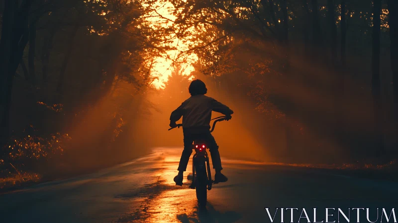 Cyclist silhouette on forest road in low angled sunlight.