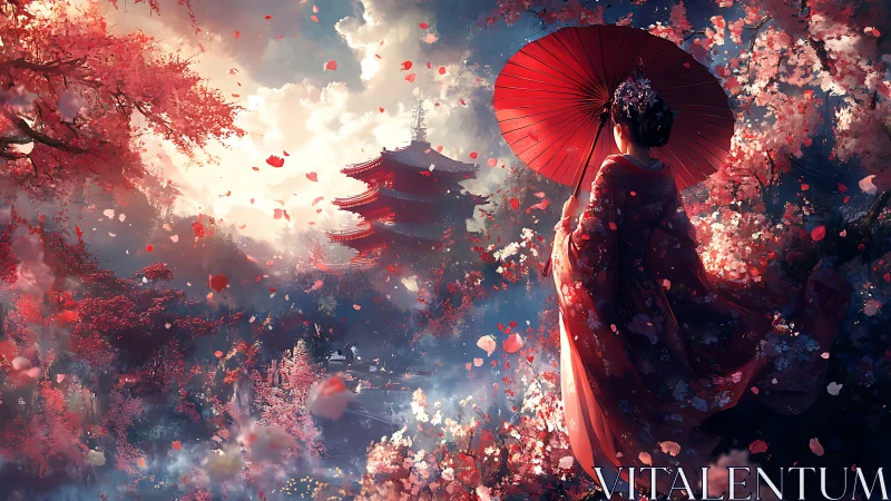 Geisha stands beneath cherry blossoms beside distant pagoda