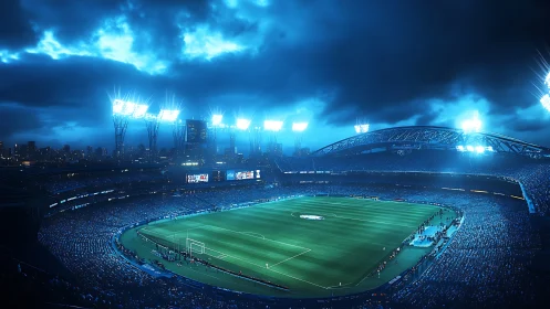 Floodlit football megastadium under storm-laden nocturnal sky.