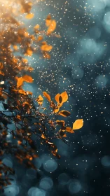 Autumn leaves glow against teal bokeh and drifting pollen.