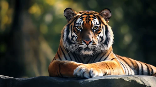 Resting tiger on rock ledge in soft forest daylight scene.