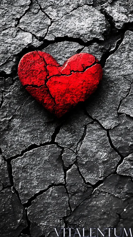Red heart shape on cracked grey surface. Symbolic contrast.