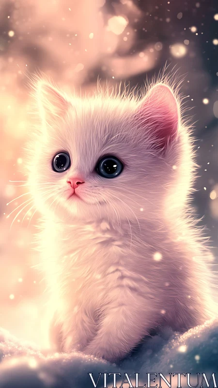 Luminous White Kitten with Crystalline Eyes in Soft-Focus Bokeh Environment