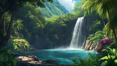 Tropical rainforest waterfall cascading into turquoise plunge pool