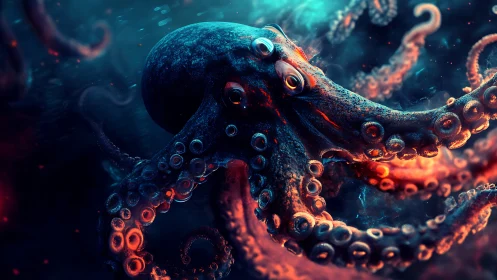 Digital octopus rendering in bioluminescent seascape environment.