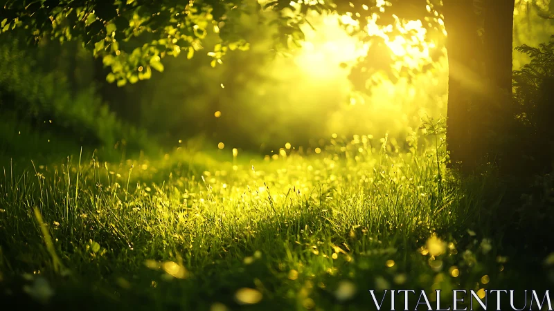 Golden Sunrise in Lush Forest Meadow, Nature Photography Style.