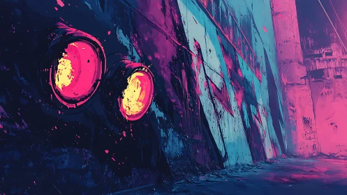 Neon alleyway awakens under watchful cyberpunk graffiti eyes.