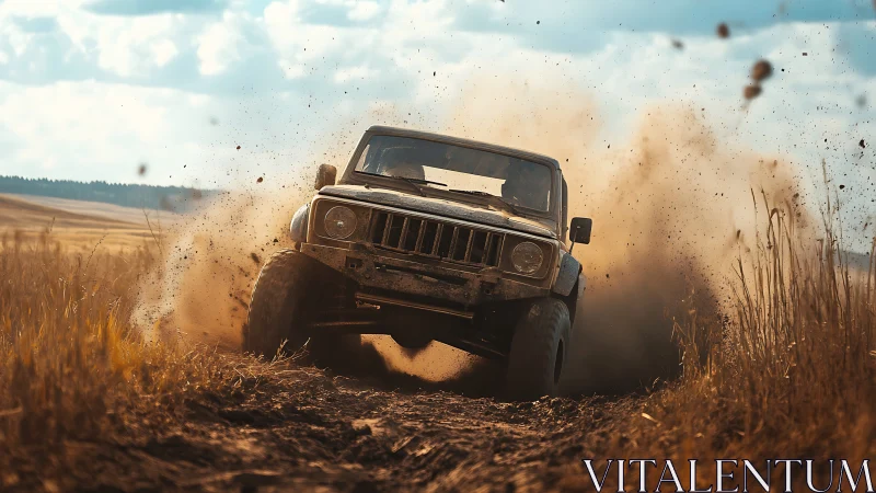 Mud-slinging off-road beast carving chaos through dust fields.