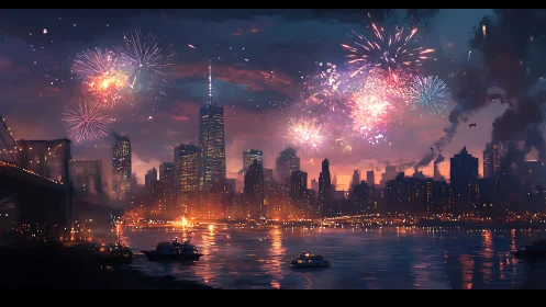 Fireworks ignite a glowing city skyline over twilight harbor