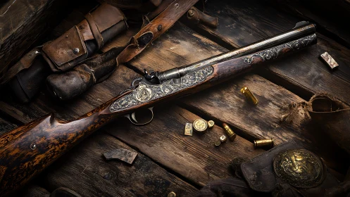 Decorated double‑barrel firearm rests on worn wooden boards
