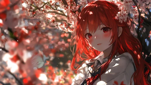 Red haired anime girl beneath glowing cherry blossoms.