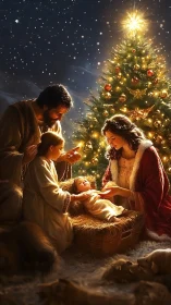 Tender Christmas nativity by a glowing starlit tree.