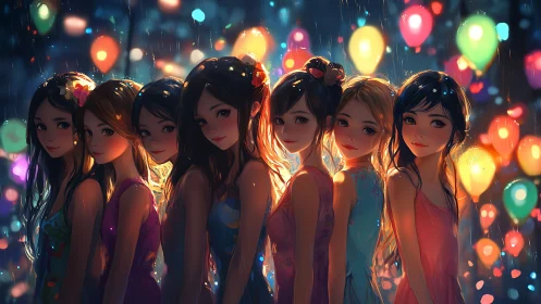 Girls stand under glowing lanterns in warm evening rain.