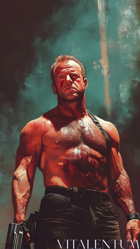 Battle-scarred action hero stands defiantly in smoky light.