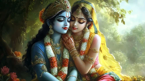 Divine lovers share serene embrace under dappled forest light.