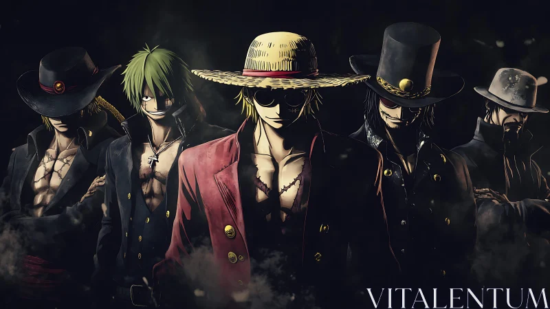 Outlaw pirates in stylized noir lighting, cinematic stance.