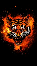 Fiery tiger head roars from blazing abstract splatter.