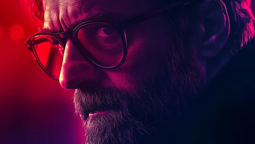 Bearded man in glasses lit by contrasting red and purple neon