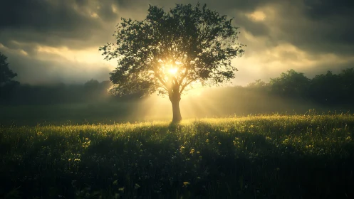 Lone Tree in Sunlit Meadow at Sunrise, Atmospheric Landscape.