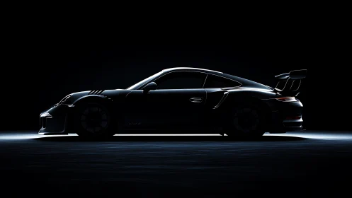 Sleek sports car silhouette cuts through dramatic studio darkness