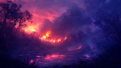 Nighttime landscape with active fire and reflected light on water