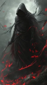 Hooded shadow wanderer walking through crimson embers.